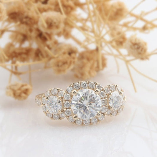 14K Yellow Gold Round Cut Diamond 3 Stone Halo Engagement Ring-Black Diamonds New York