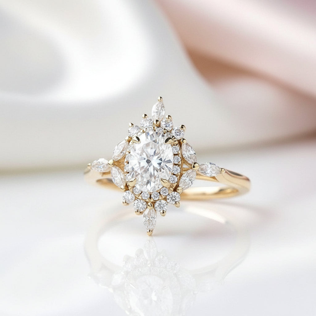 14k Gold Oval Cut 1.0 Ct Diamond Option Antique Flower Engagement Ring-Black Diamonds New York