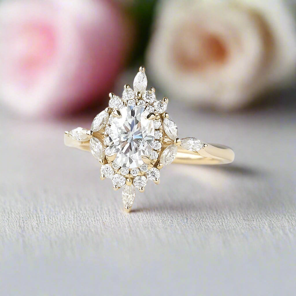 14k Gold Oval Cut 1.0 Ct Diamond Antique Flower Engagement Ring-Black Diamonds New York