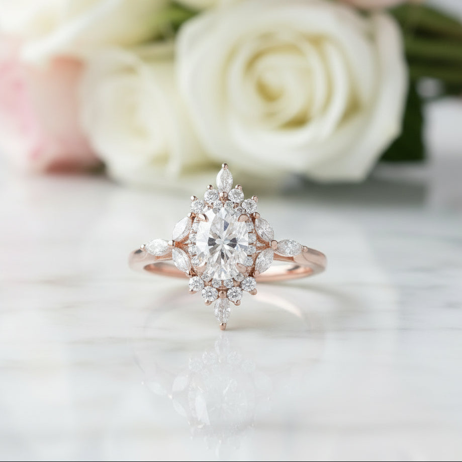 14k Gold Oval Cut 1.0 Ct Diamond Option Antique Flower Engagement Ring-Black Diamonds New York