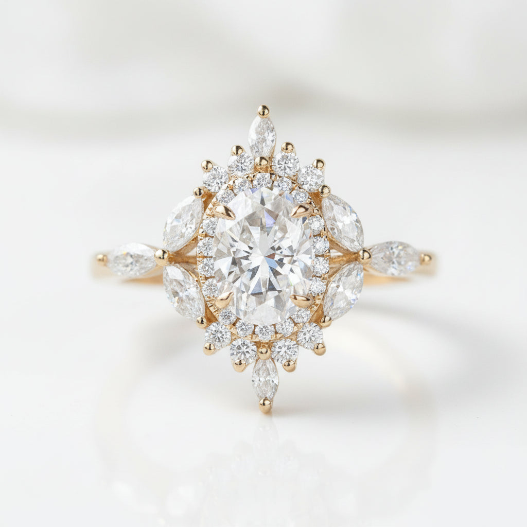 14k Gold Oval Cut 1.0 Ct Diamond Option Antique Flower Engagement Ring-Black Diamonds New York