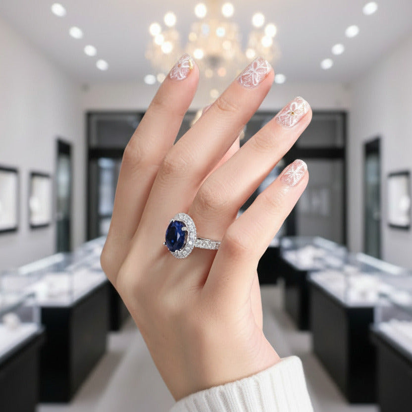 14k Solid White Gold 5.0ct Oval Sapphire Diamond Engagement Ring-Black Diamonds New York