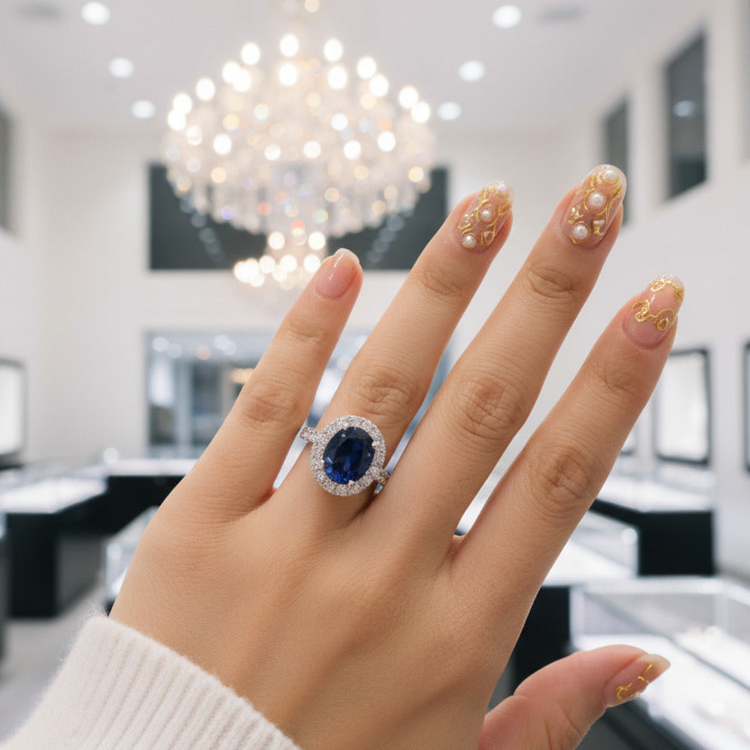 14k Solid White Gold 5.0ct Oval Sapphire Diamond Engagement Ring-Black Diamonds New York