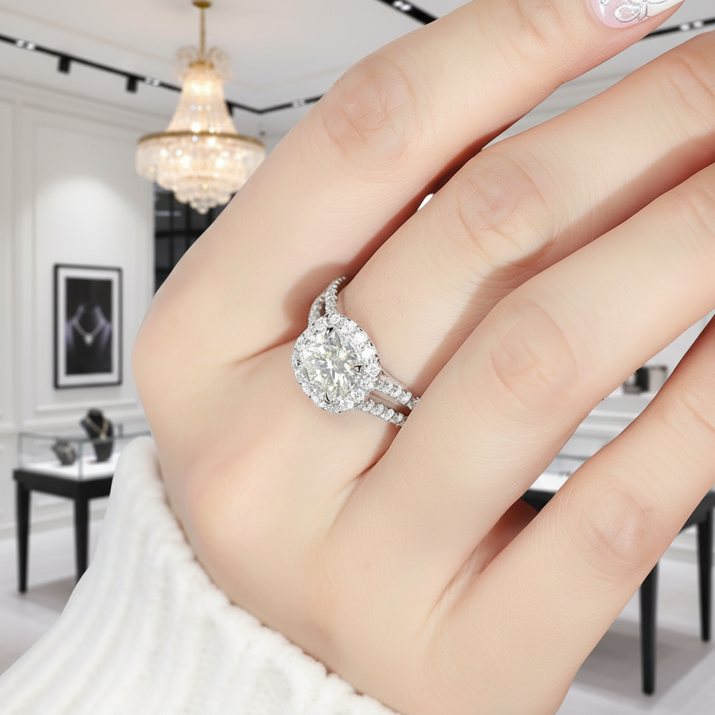 14k White Gold 2.0 Ct Cushion Cut Diamond Option Split Band Halo Engagement Ring-Black Diamonds New York