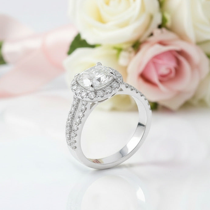 14k White Gold 2.0 Ct Cushion Cut Diamond Option Split Band Halo Engagement Ring-Black Diamonds New York