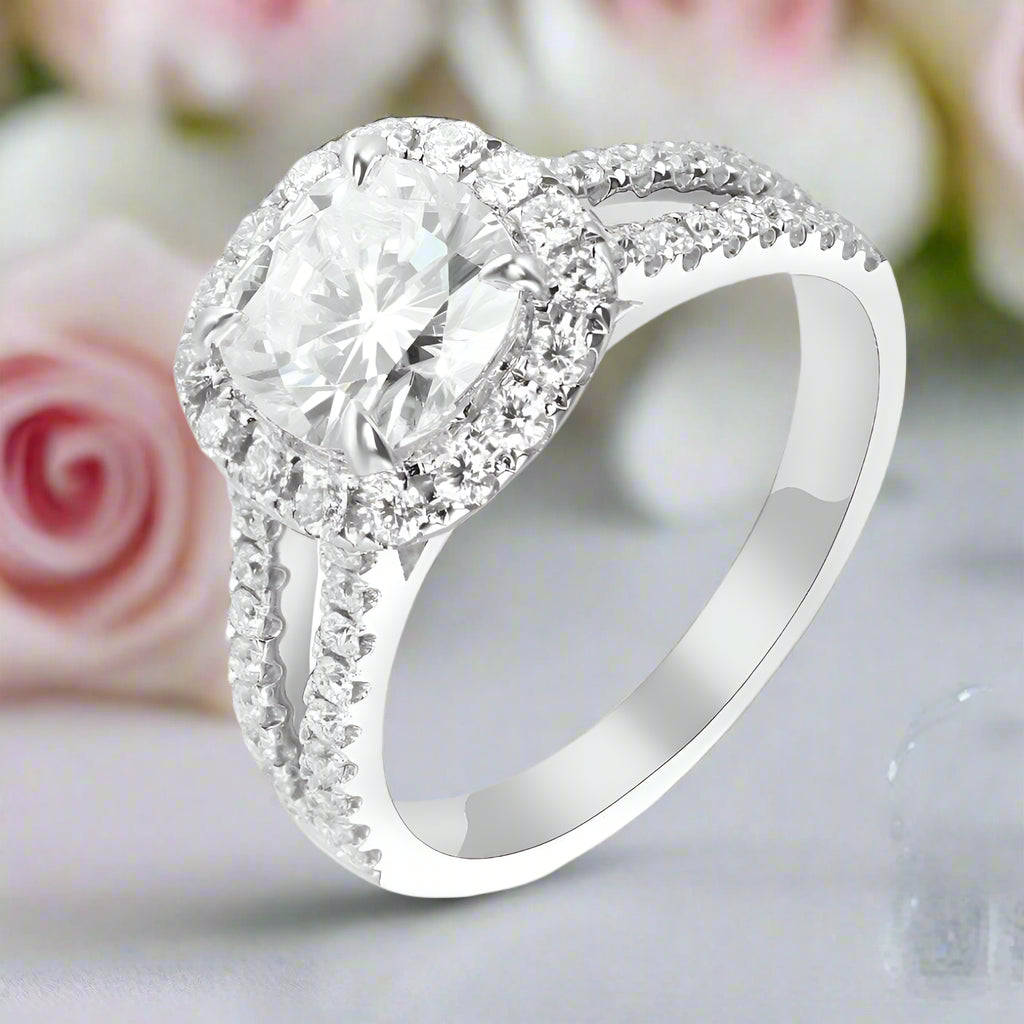 14k White Gold 2.0 Ct Cushion Cut Diamond Split Band Halo Engagement Ring-Black Diamonds New York