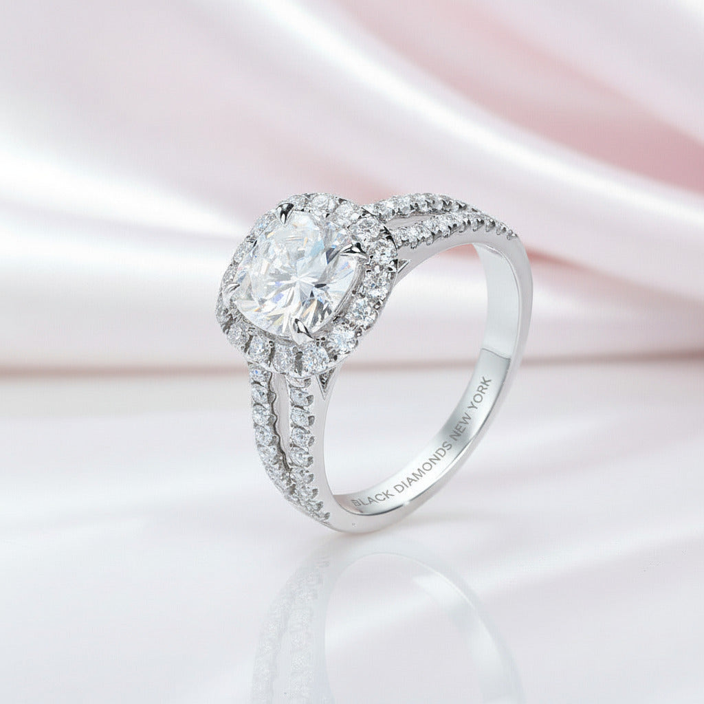 14k White Gold 2.0 Ct Cushion Cut Diamond Option Split Band Halo Engagement Ring-Black Diamonds New York