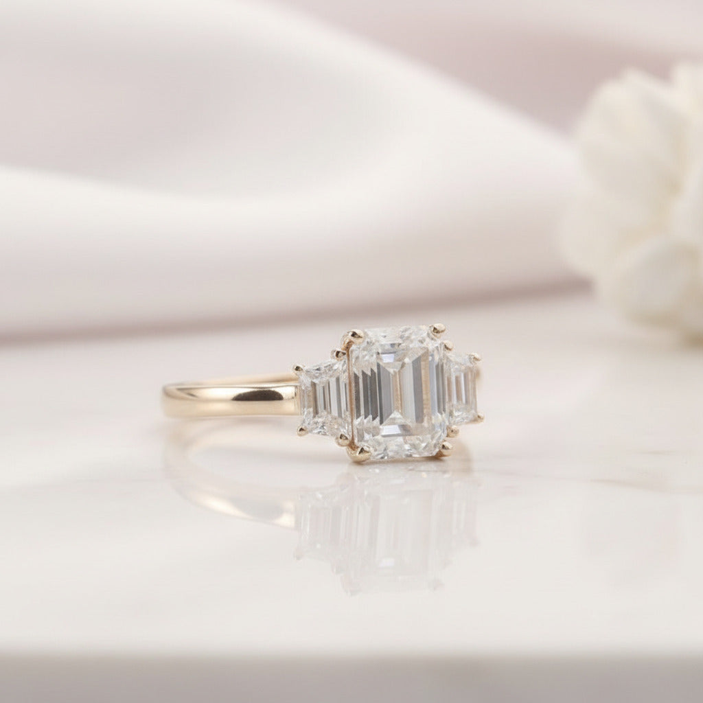 14k Yellow Gold Emerald Cut Diamond Option Baguette Engagement Ring-Black Diamonds New York