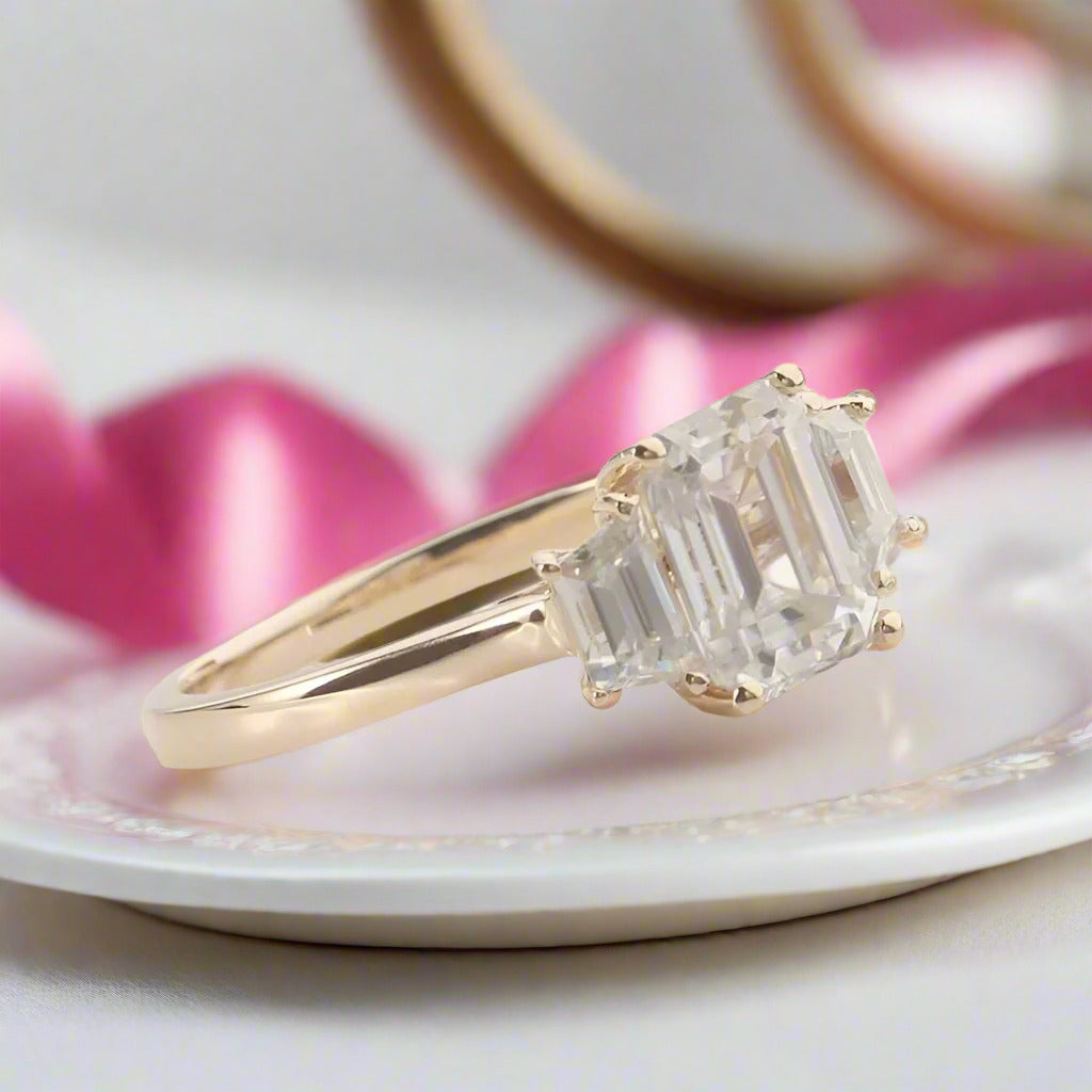 14k Yellow Gold Emerald Cut Diamond Baguette Engagement Ring