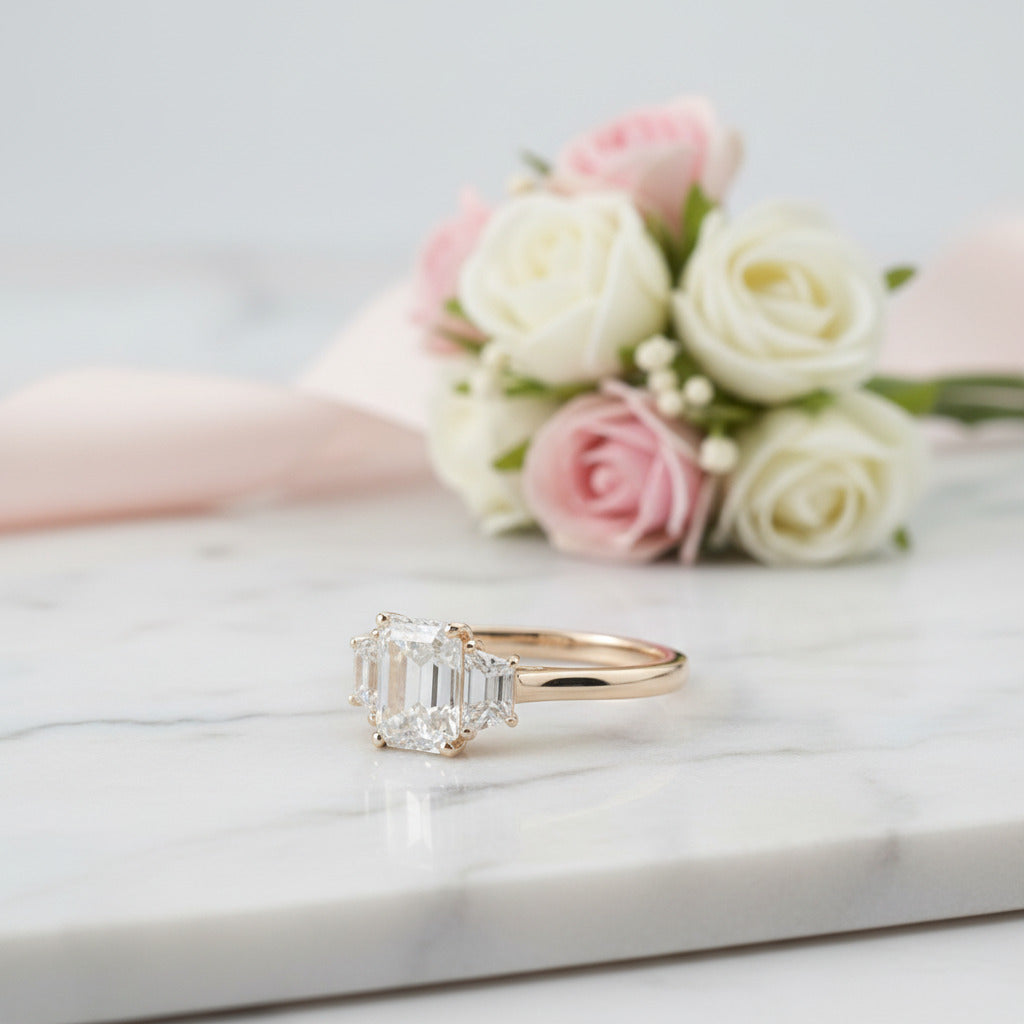 14k Yellow Gold Emerald Cut Diamond Option Baguette Engagement Ring-Black Diamonds New York