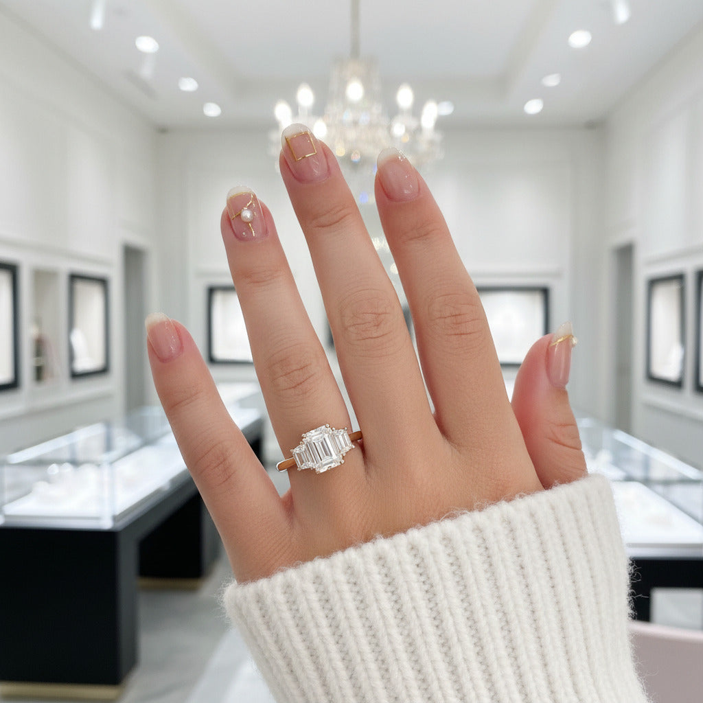 14k Yellow Gold Emerald Cut Diamond Option Baguette Engagement Ring-Black Diamonds New York