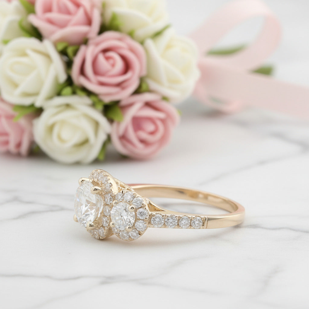 14k Yellow Gold Round Cut Diamond Option 3 Stone Halo Engagement Ring-Black Diamonds New York
