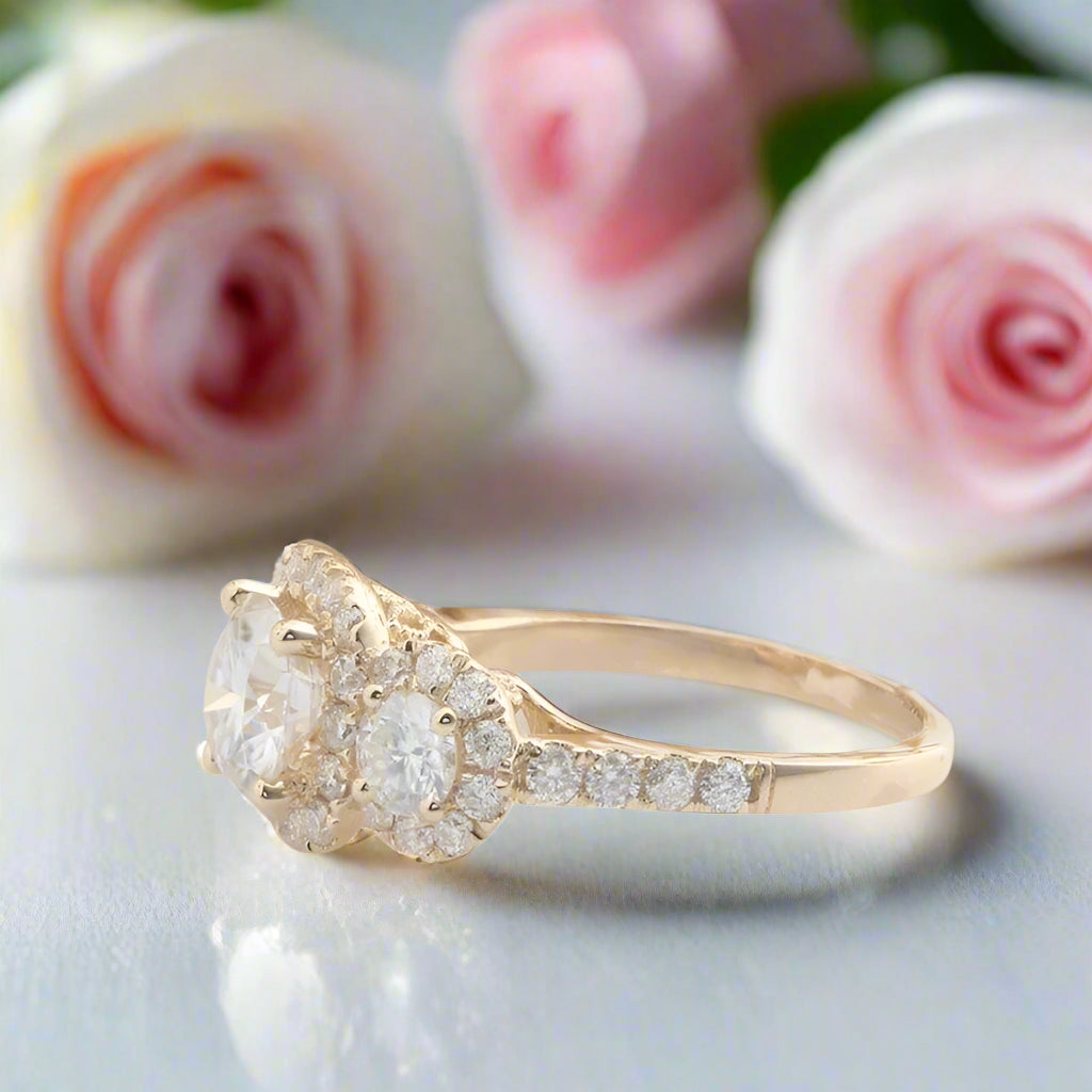 14k Yellow Gold Round Cut Diamond 3 Stone Halo Engagement Ring-Black Diamonds New York