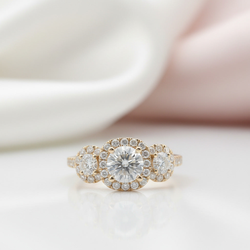 14k Yellow Gold Round Cut Diamond Option 3 Stone Halo Engagement Ring-Black Diamonds New York