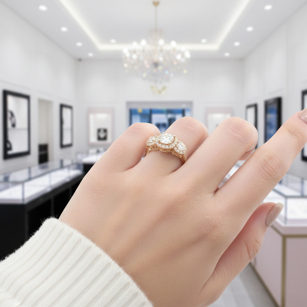 14k Yellow Gold Round Cut Diamond Option 3 Stone Halo Engagement Ring-Black Diamonds New York