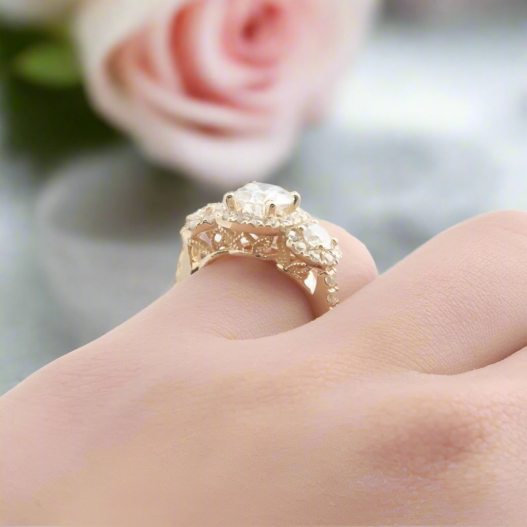 14k Yellow Gold Round Cut Diamond 3 Stone Halo Engagement Ring-Black Diamonds New York