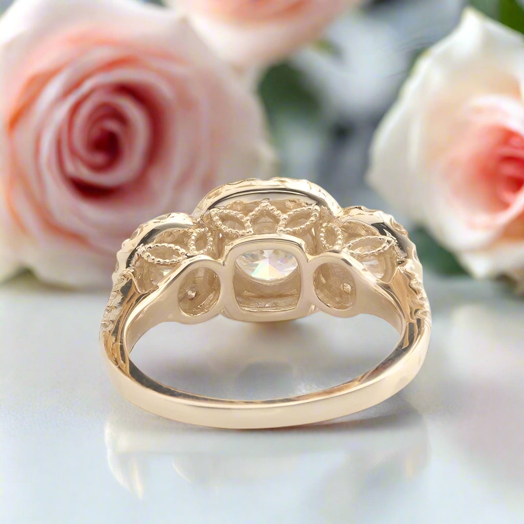 14k Yellow Gold Round Cut Diamond 3 Stone Halo Engagement Ring-Black Diamonds New York