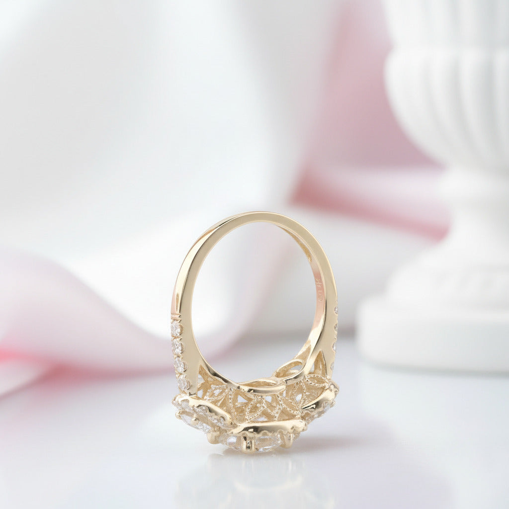14k Yellow Gold Round Cut Diamond Option 3 Stone Halo Engagement Ring-Black Diamonds New York