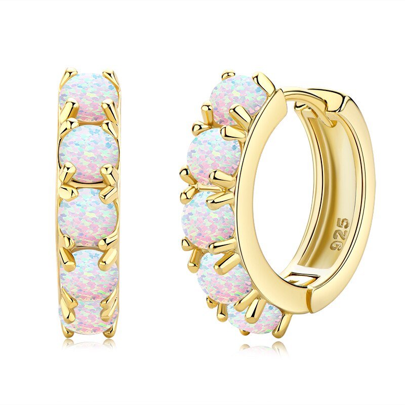 14mm White Opal Huggie Hoop Earrings-Black Diamonds New York