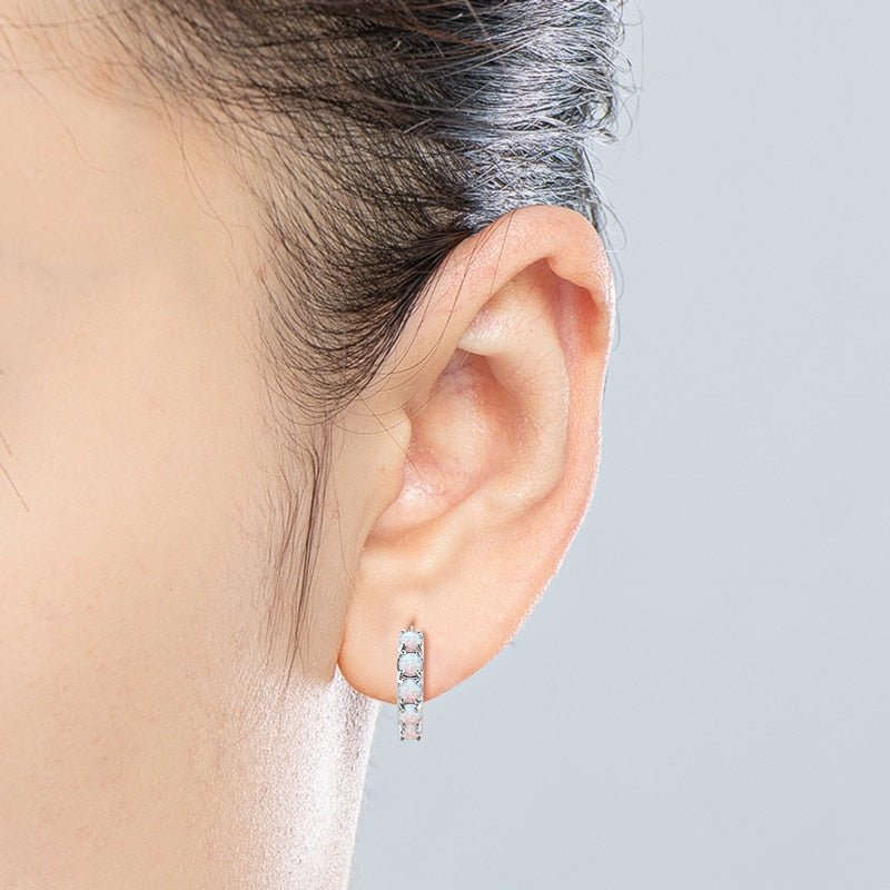 14mm White Opal Huggie Hoop Earrings-Black Diamonds New York