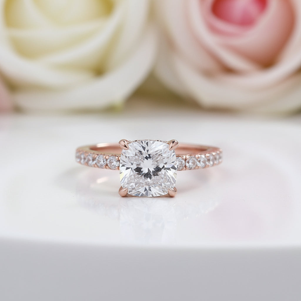 1.5 Carat Cushion Cut White Sapphire Rose Gold Engagement Ring-Black Diamonds New York