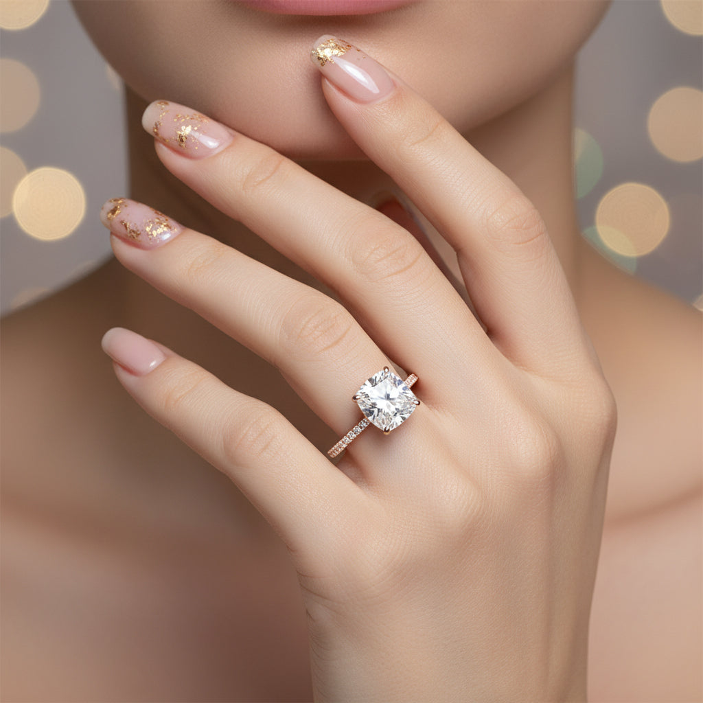 1.5 Carat Cushion Cut White Sapphire Rose Gold Engagement Ring-Black Diamonds New York