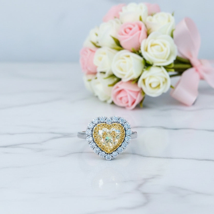 1.5 Carat Halo Heart Shaped Yellow Sapphire Engagement Ring-Black Diamonds New York