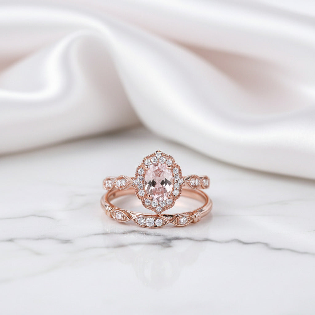 1.5 CT Oval Cut Pink Stone Ring Set In Rose Gold-Black Diamonds New York