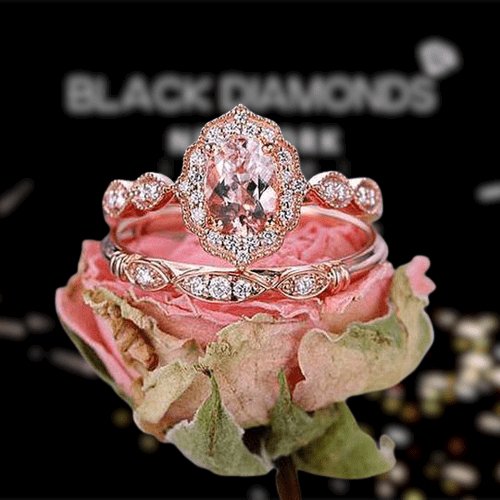 1.5 CT Oval Cut Pink Stone Ring Set In Rose Gold-Black Diamonds New York