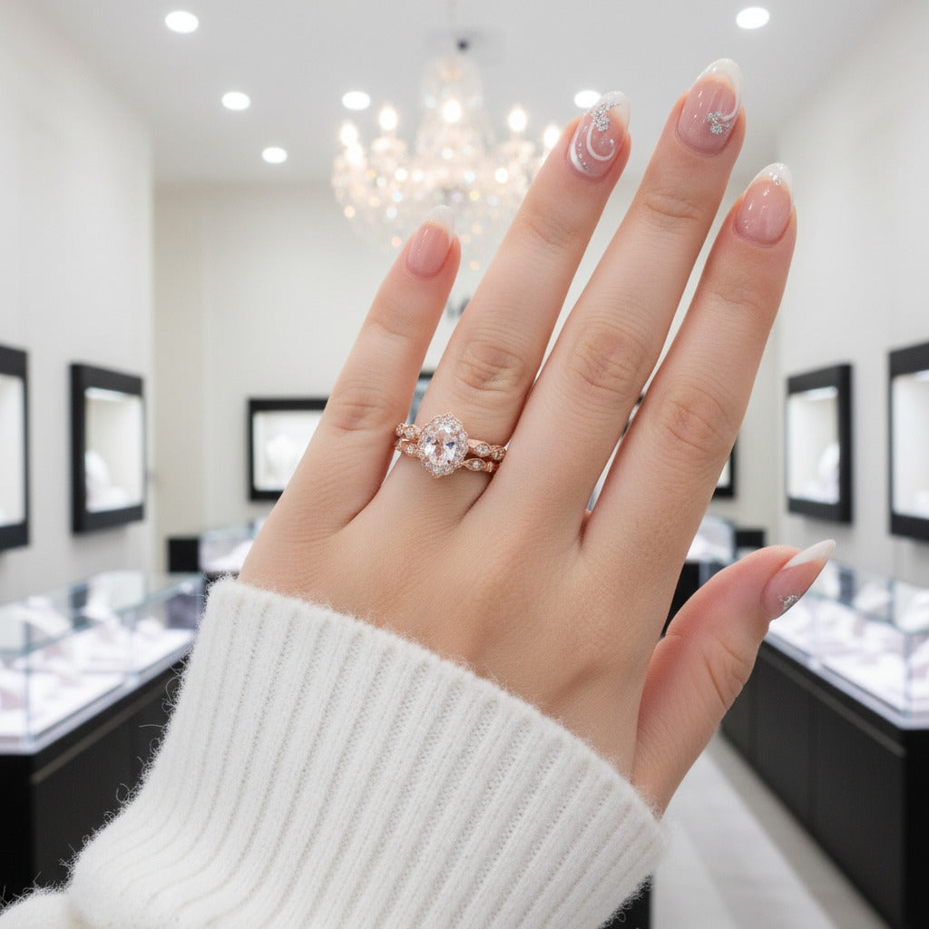 1.5 CT Oval Cut Pink Stone Ring Set In Rose Gold-Black Diamonds New York