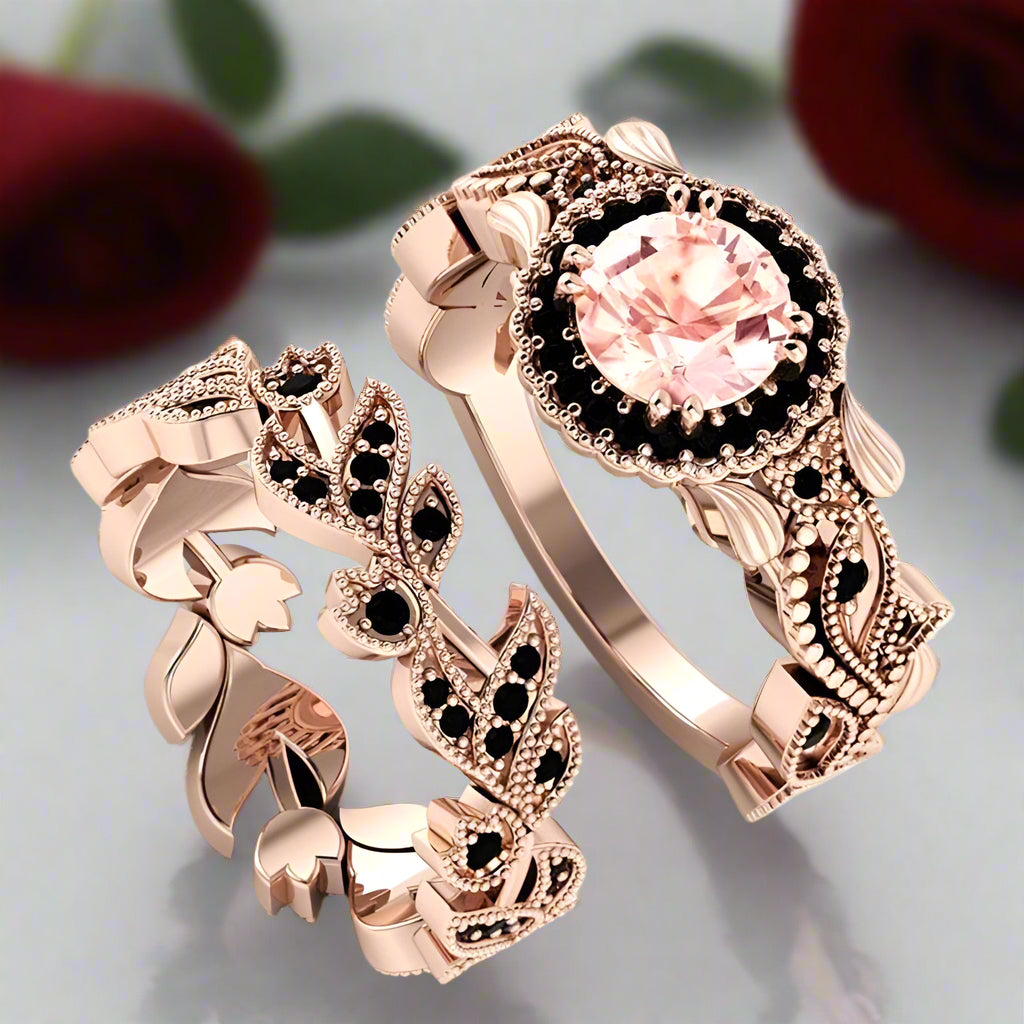 1.50ct Diamond Rose Gold Flower Ring Set-Black Diamonds New York