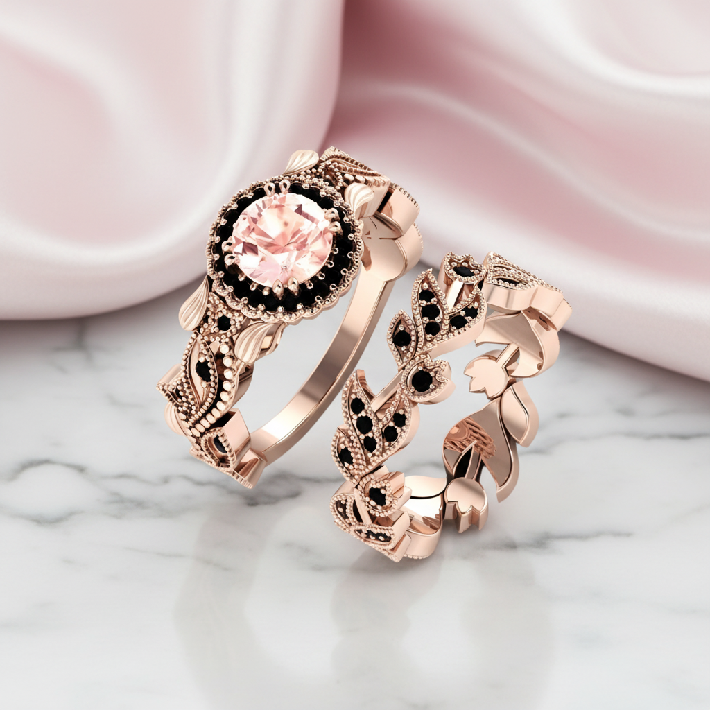 1.50ct Diamond Option Rose Gold Flower Ring Set-Black Diamonds New York