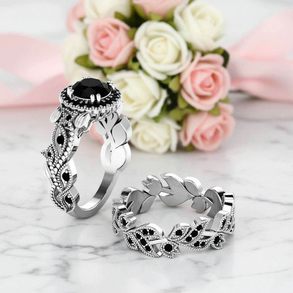 1.50ct Diamond Option Rose Gold Flower Ring Set-Black Diamonds New York