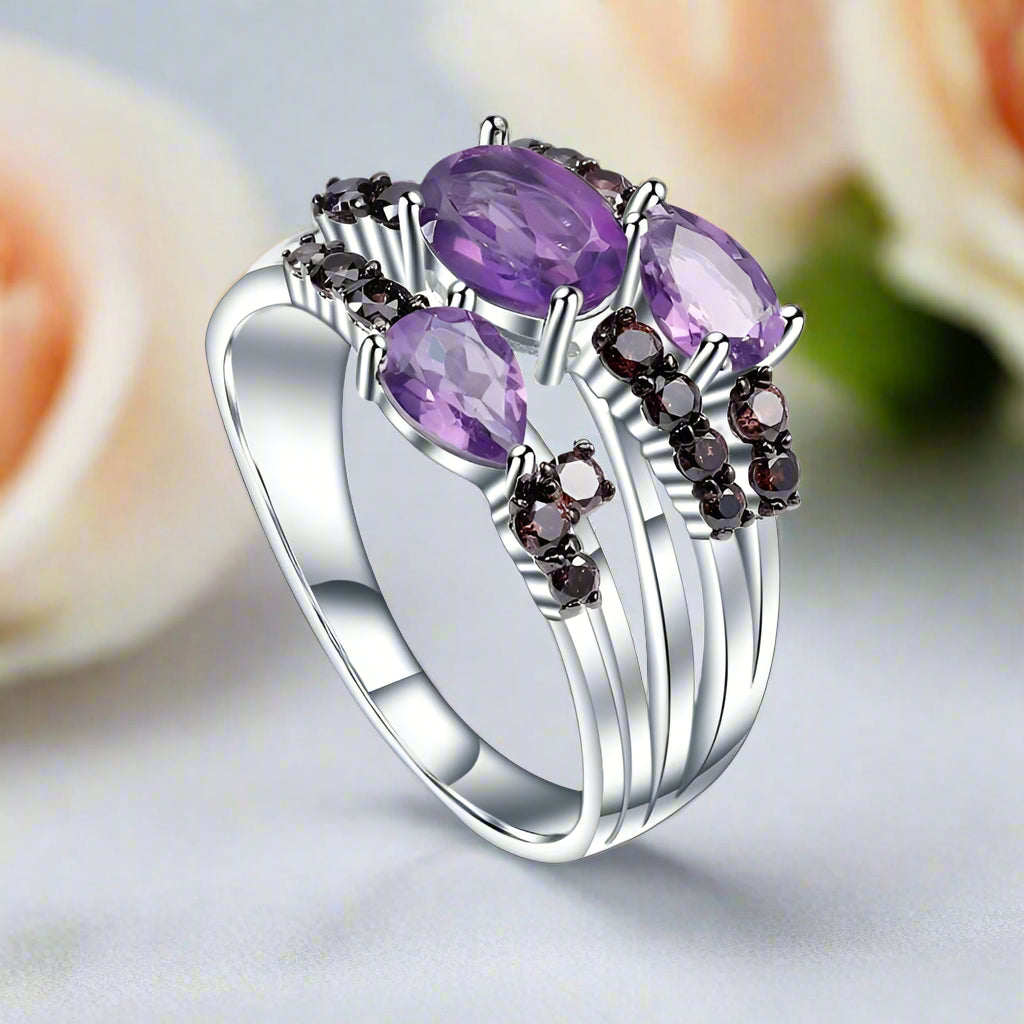 1.54Ct Natural Amethyst Three Birthstone Ring-Black Diamonds New York