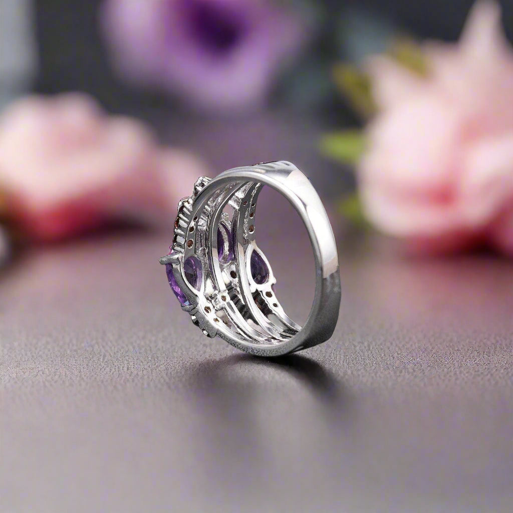 1.54Ct Natural Amethyst Three Birthstone Ring-Black Diamonds New York