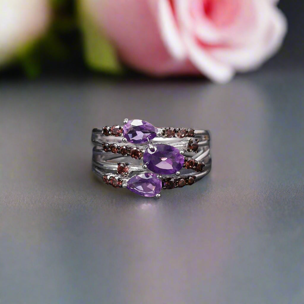 1.54Ct Natural Amethyst Three Birthstone Ring-Black Diamonds New York