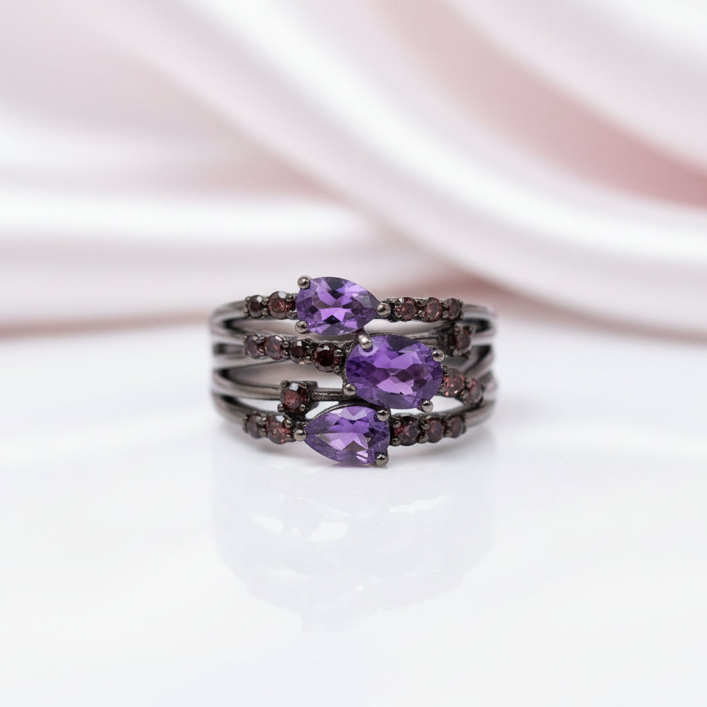 1.54Ct Amethyst Three Birthstone Ring-Black Diamonds New York