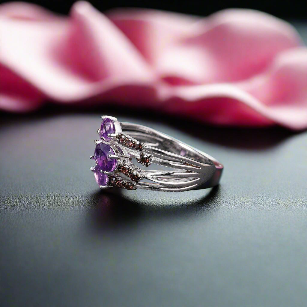 1.54Ct Natural Amethyst Three Birthstone Ring-Black Diamonds New York