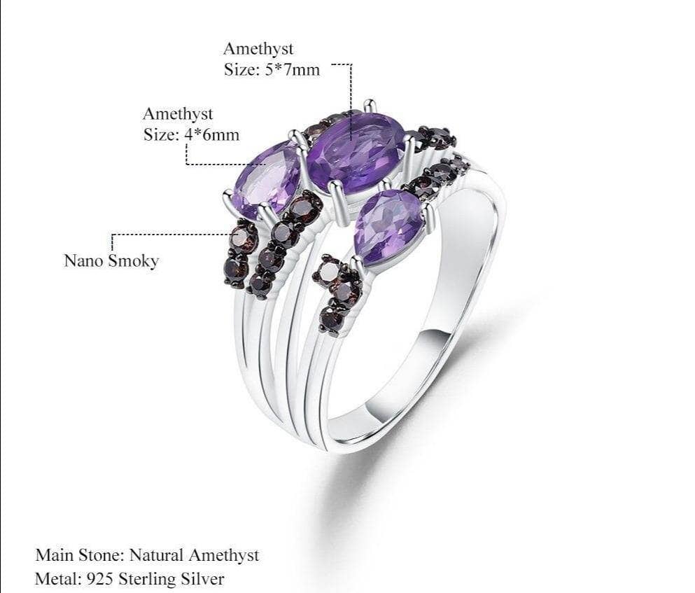 1.54Ct Natural Amethyst Three Birthstone Ring-Black Diamonds New York