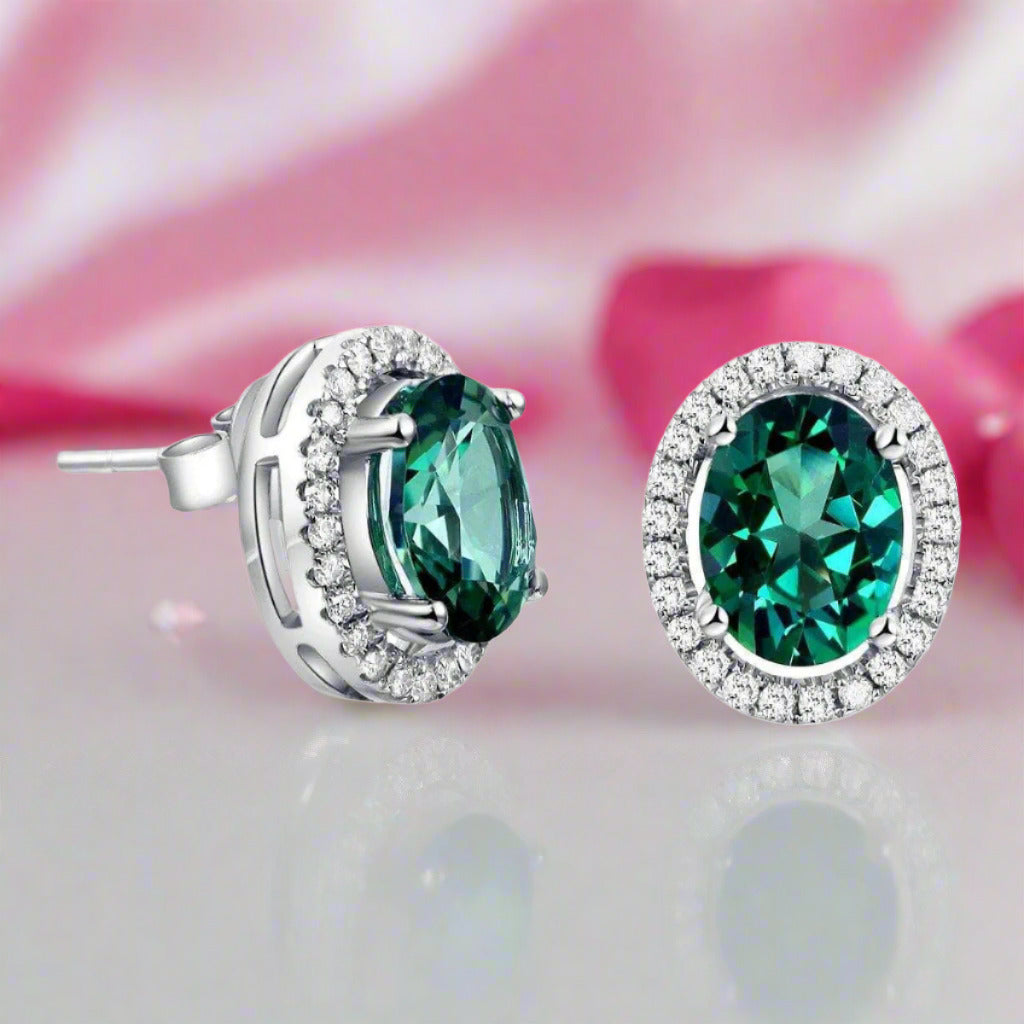 14k White Gold 1.6 Ct Oval Green Topaz Earrings-Black Diamonds New York
