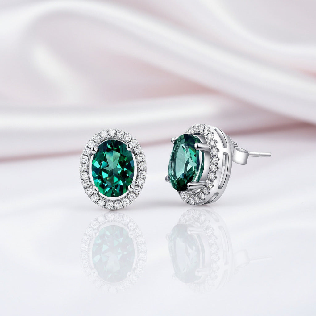 14k White Gold 1.6 Ct Oval Green Topaz Earrings-Black Diamonds New York