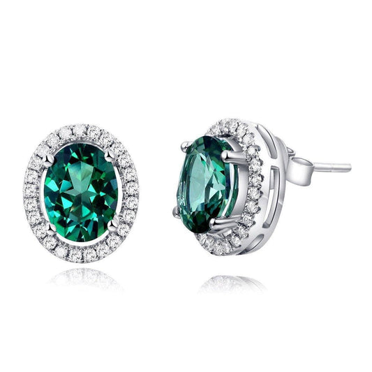 1.6 Ct Natural Oval Green Topaz Earrings with 0.28 Ct Diamonds 14K White Gold Stud Earrings - Black Diamonds New York