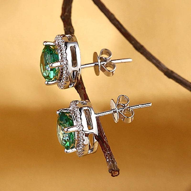 1.6 Ct Natural Oval Green Topaz Earrings with 0.28 Ct Diamonds 14K White Gold Stud Earrings-Black Diamonds New York