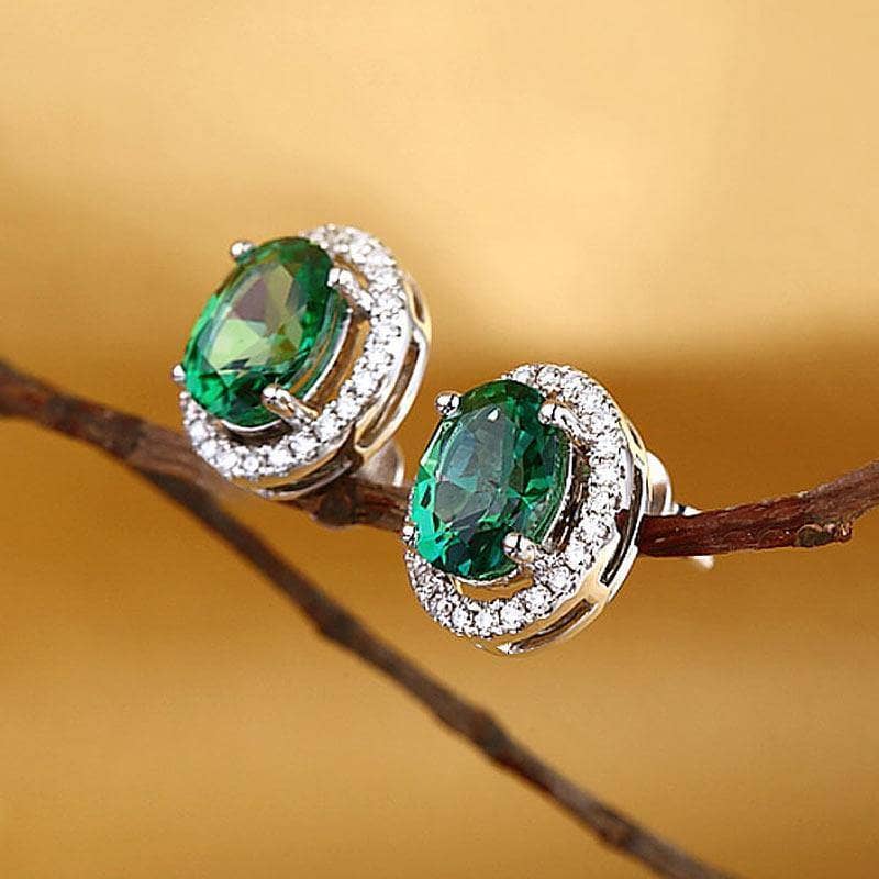 1.6 Ct Natural Oval Green Topaz Earrings with 0.28 Ct Diamonds 14K White Gold Stud Earrings-Black Diamonds New York