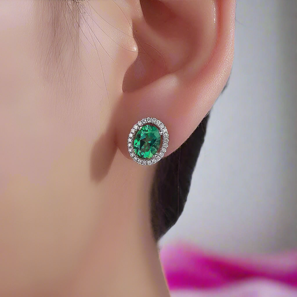 14k White Gold 1.6 Ct Oval Green Topaz Earrings-Black Diamonds New York