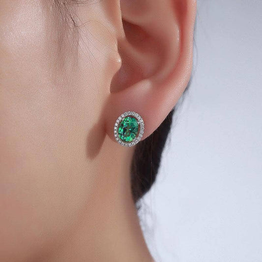 1.6 Ct Natural Oval Green Topaz Earrings with 0.28 Ct Diamonds 14K White Gold Stud Earrings - Black Diamonds New York