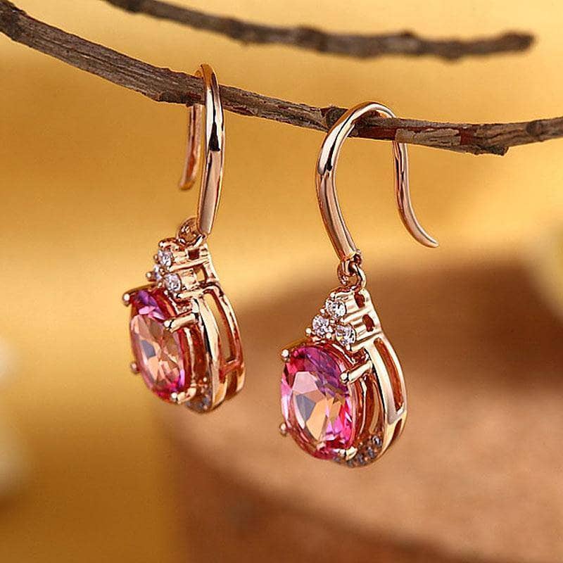 1.6 Ct Natural Pink Topaz with 0.185 Ct Diamond 14K Rose Gold Dangle Earrings - Black Diamonds New York
