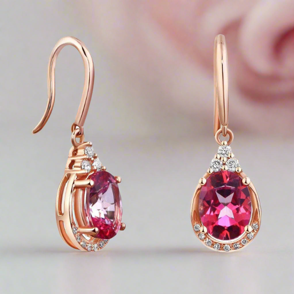 14k Rose Gold 1.6 Ct Natural Pink Topaz with 0.185 Ct Diamond Earrings-Black Diamonds New York