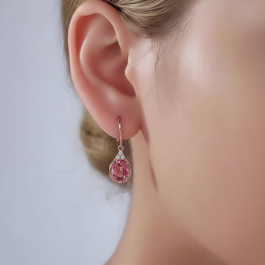 14k Rose Gold 1.6 Ct Pink Topaz with 0.185 Ct Diamond Option Earrings-Black Diamonds New York