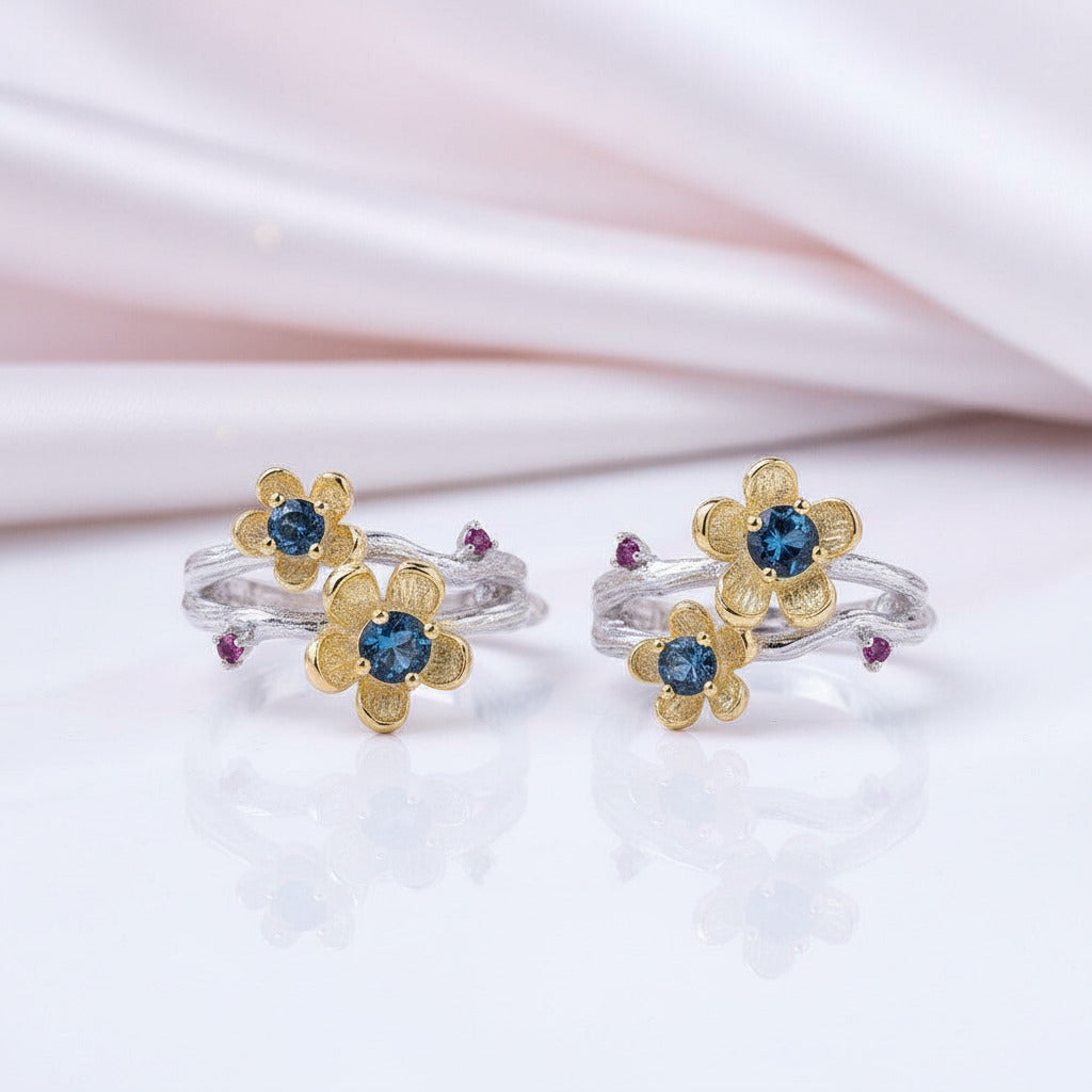 1.62Ct London Blue Topaz Handmade Flower Jewelry Set-Black Diamonds New York